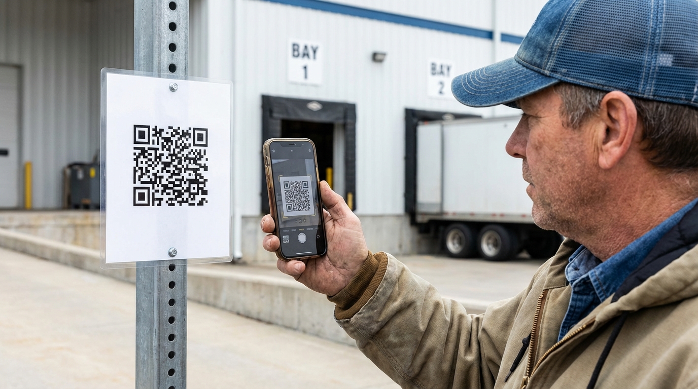 Driver scanning QR code at the dock check-in kiosk